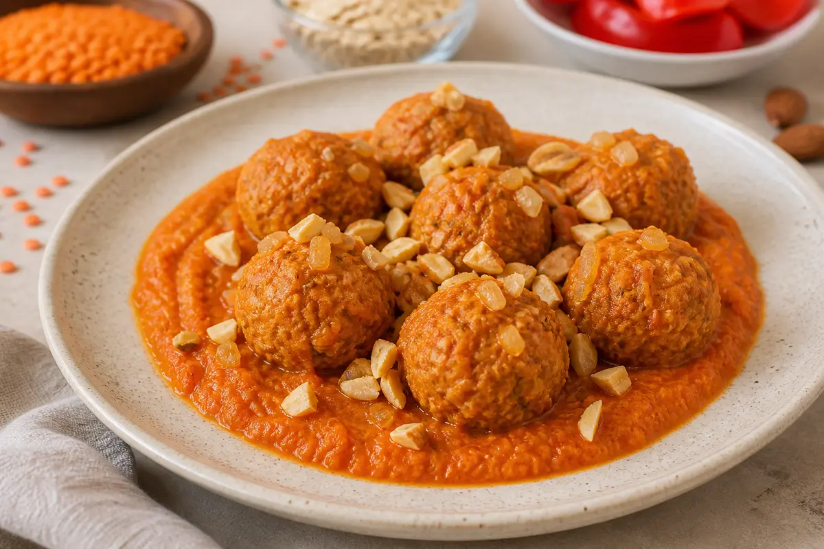 Albóndigas de Lenteja Roja y Avena en Salsa de Pimiento Asado y Almendra