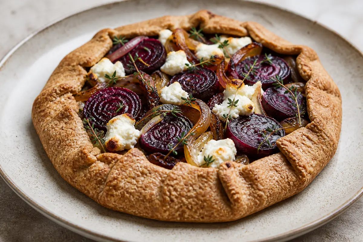 Galette Integral de Remolacha Asada, Cebolla Caramelizada y Queso de Cabra con Tomillo