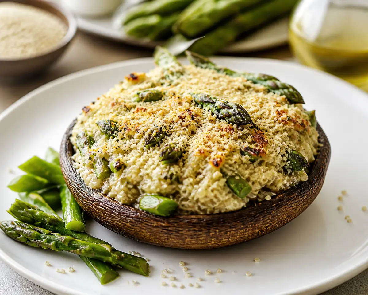 Champiñones Portobello Rellenos de Quinoa Cremosa, Espárragos y Costra de Parmesano