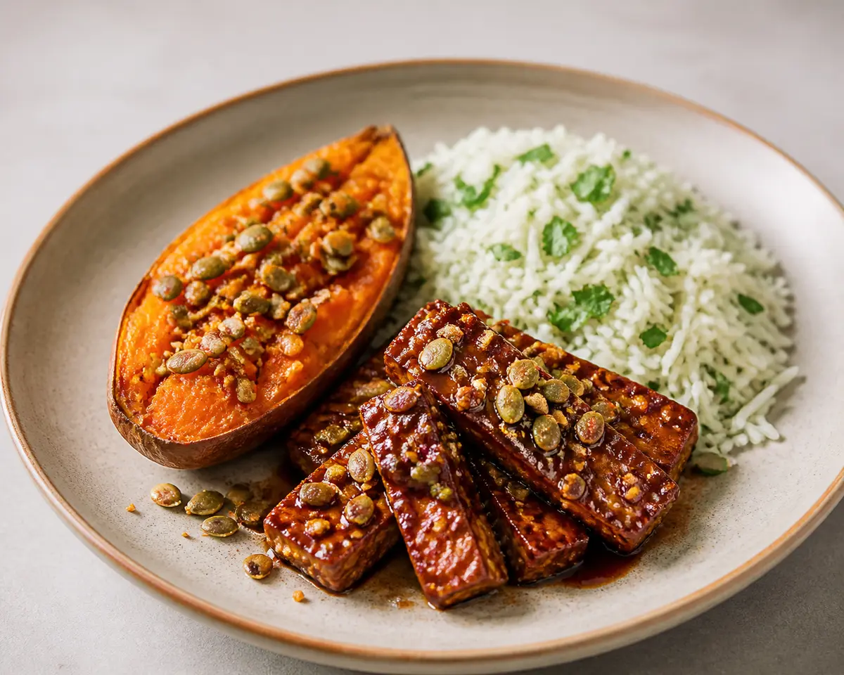Boniato asado con tempeh glaseado al tamarindo, arroz de cilantro y crujiente de pepitas