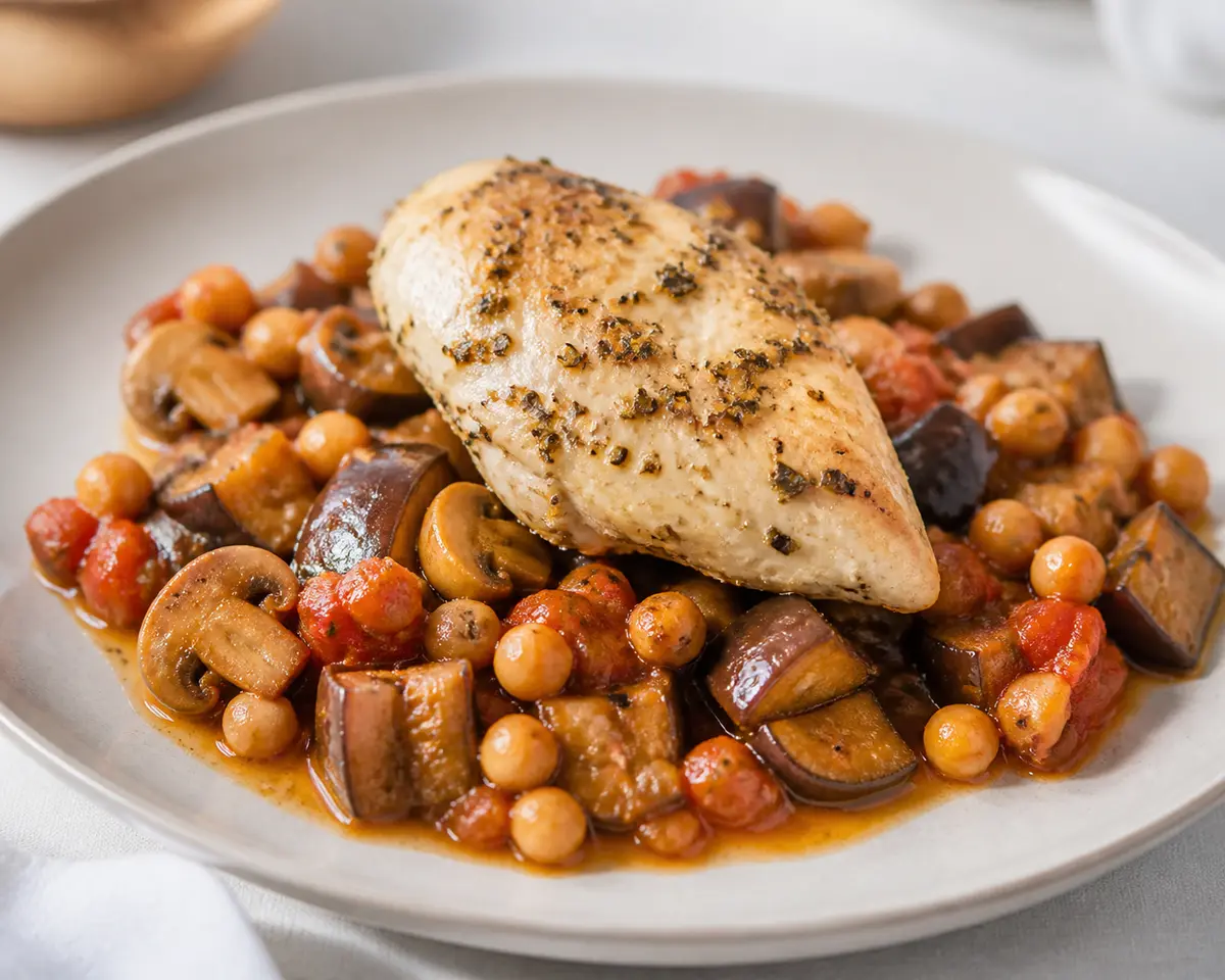 Pechuga de Pollo al Orégano con Ragú de Berenjena y Garbanzos al Tomate