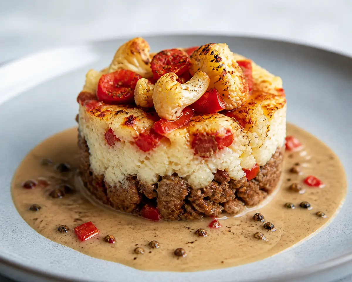 High-Protein Beef, Cottage Cheese and Roasted Cauliflower Timbale with Pepper Sauce