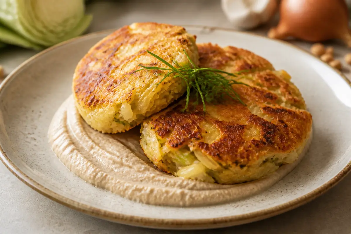Tortitas Crujientes de Repollo y Papa con Crema Tibia de Frijoles Blancos
