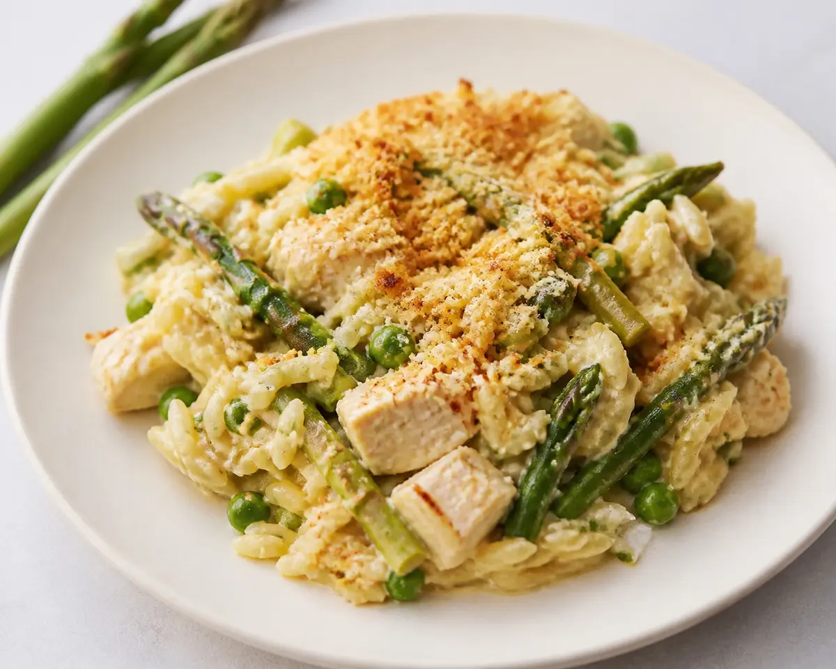 Horneado Familiar de Orzo Cremoso con Pollo, Espárragos y Costra de Limón y Parmesano