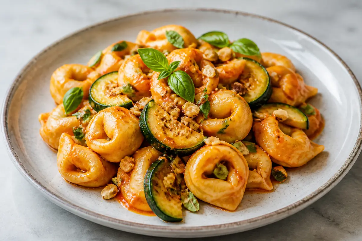 Tortellini Exprés al Pesto de Pimiento Asado con Calabacín y Avellanas