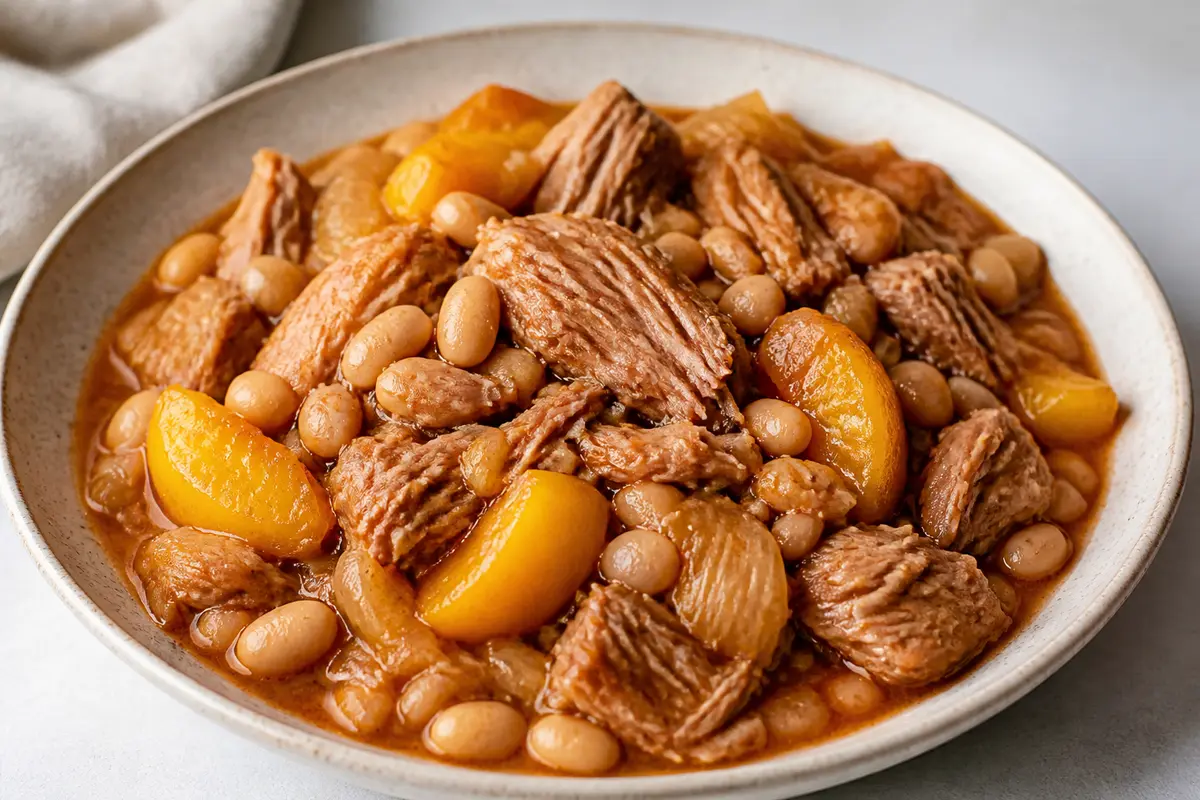 Cerdo deshebrado en slow cooker con melocotón, pimentón ahumado y alubias blancas