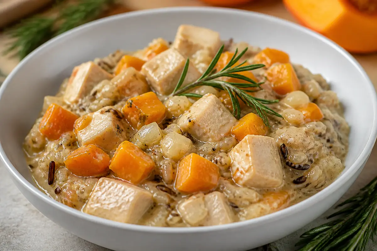 Pavo cremoso con calabaza, romero y arroz salvaje en Instant Pot