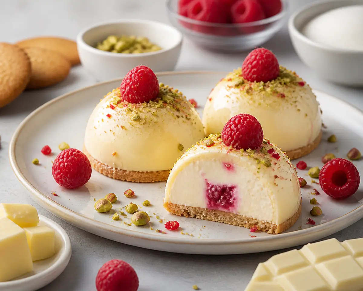 Cúpulas de Chocolate Blanco, Frambuesa y Pistacho con Centro Cremoso de Yogur