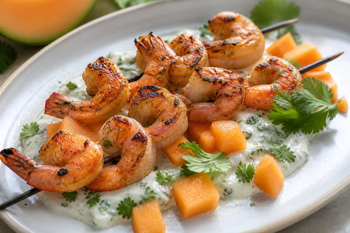 Grilled Shrimp Skewers with Spicy Melon and Cilantro Cream