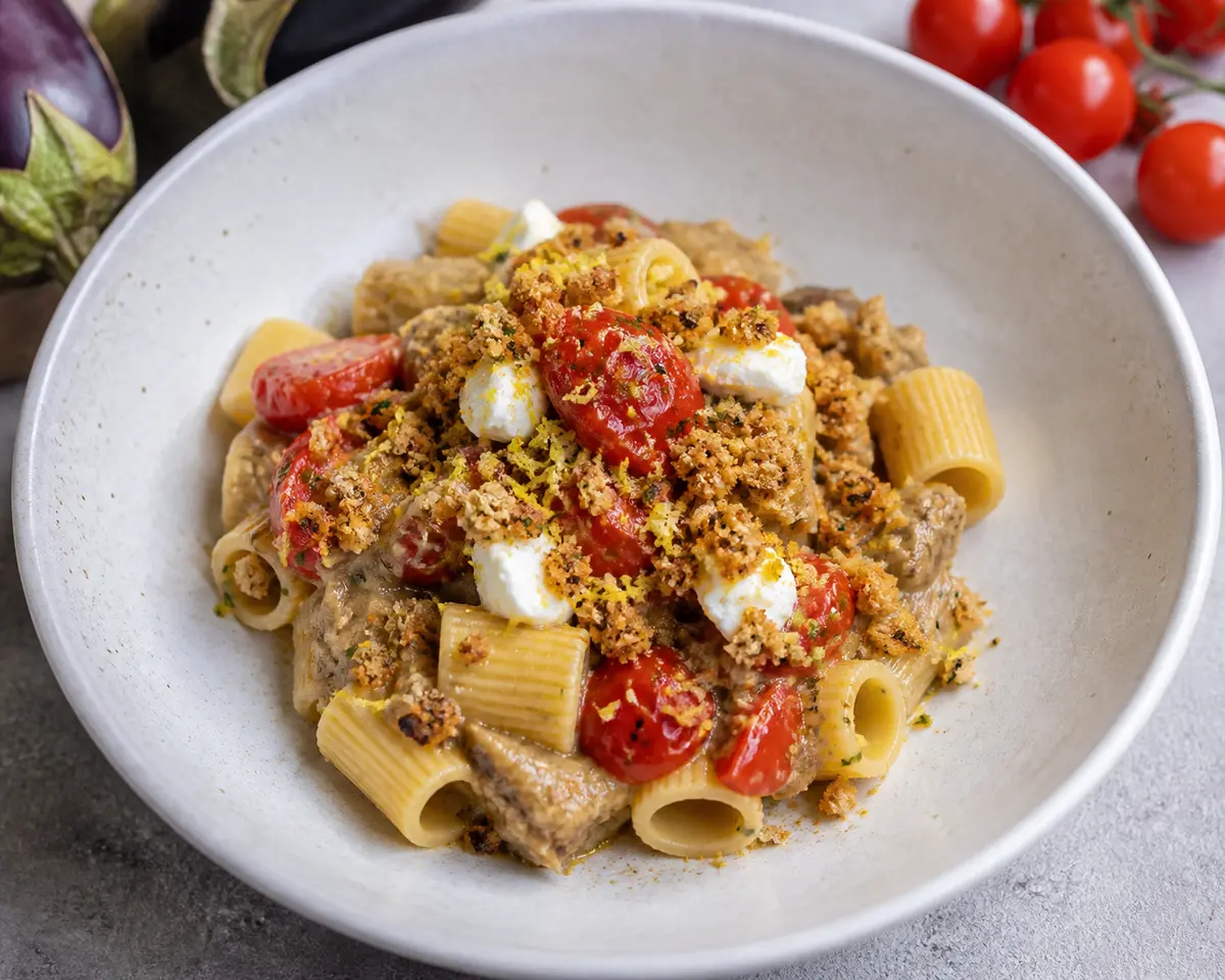 Mezze Maniche with Smoky Eggplant Cream, Confit Cherry Tomatoes and Lemon Pangrattato