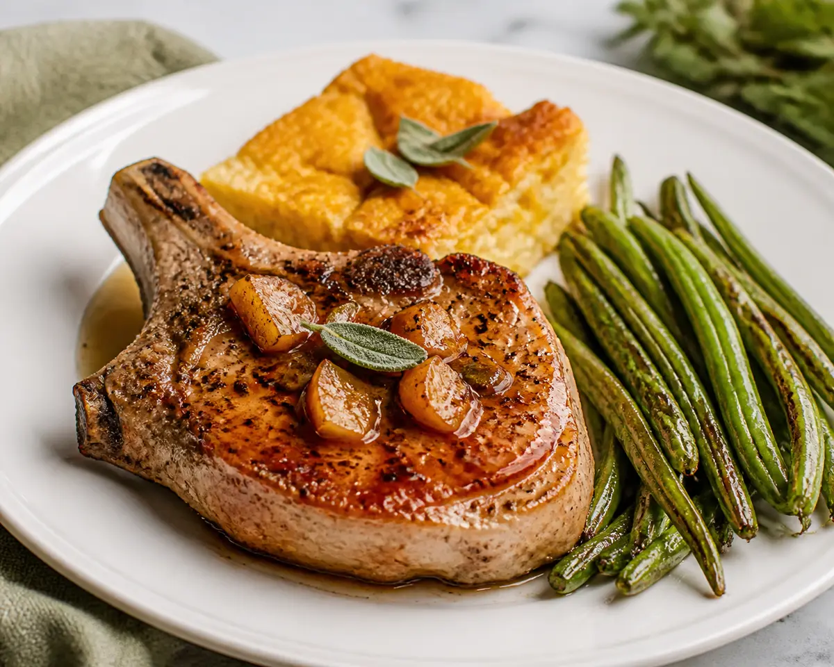 Pork Chops with Apple-Sage Butter Glaze, Savory Corn Pudding, and Roasted Green Beans