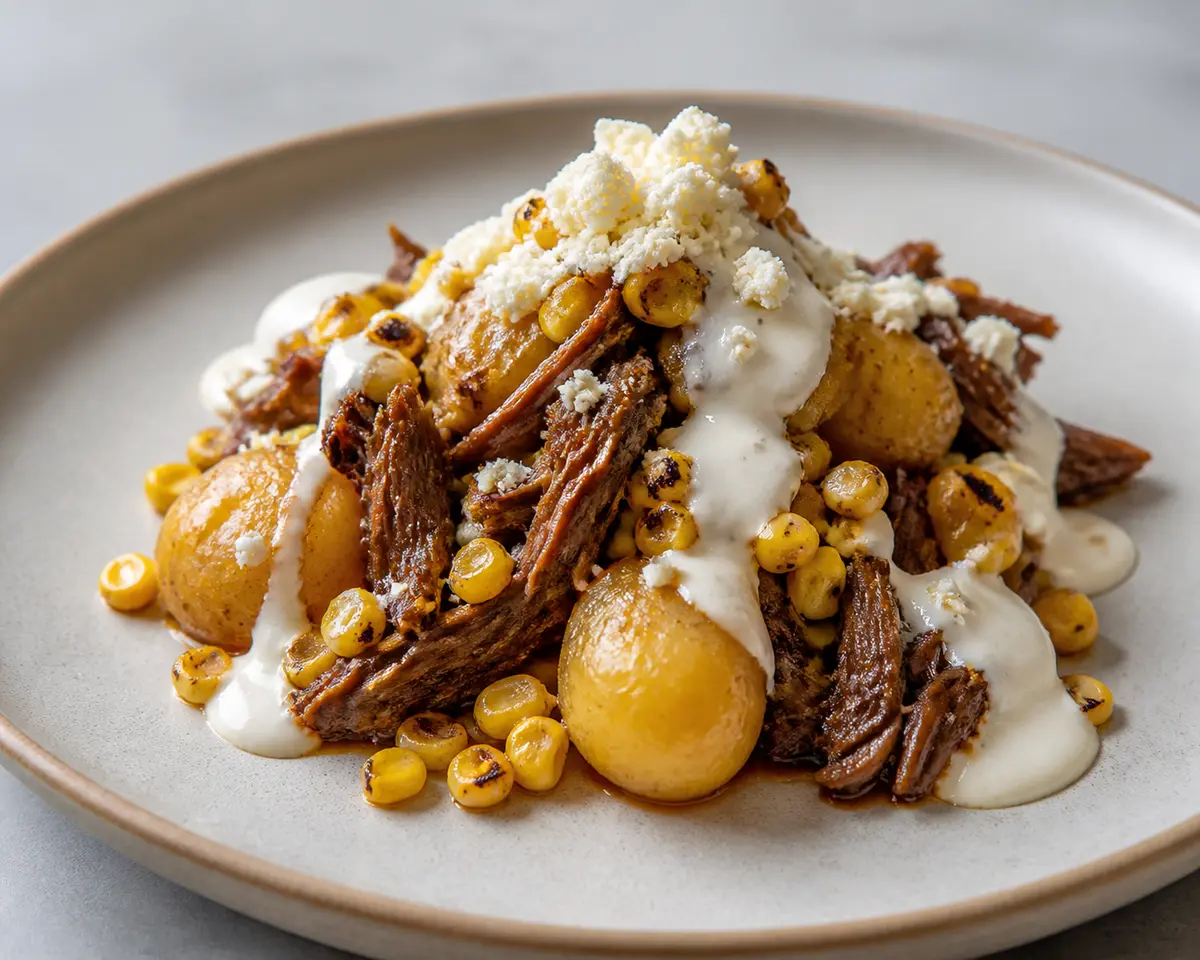 Quinotos de Papa Dorada con Res Deshebrada al Café, Elote Tatemado y Crema de Queso Fresco