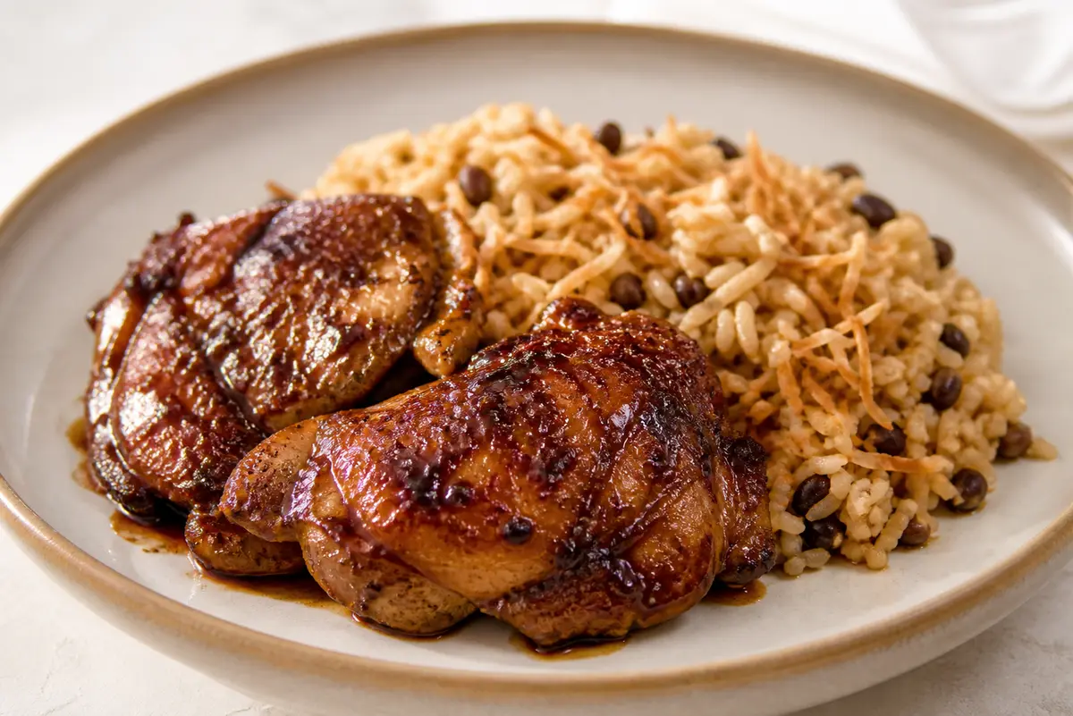 Caribbean Tamarind-Spiced Chicken Thighs with Toasted Coconut Pigeon Pea Rice