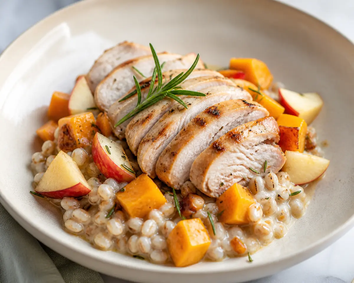 Tazón de Pavo al Romero con Cebada Cremosa, Calabaza Dorada y Vinagreta de Manzana
