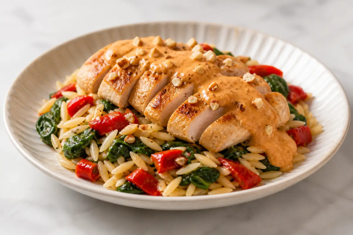 Pollo Dorado con Salsa de Pimiento Rojo y Almendras sobre Orzo con Espinacas