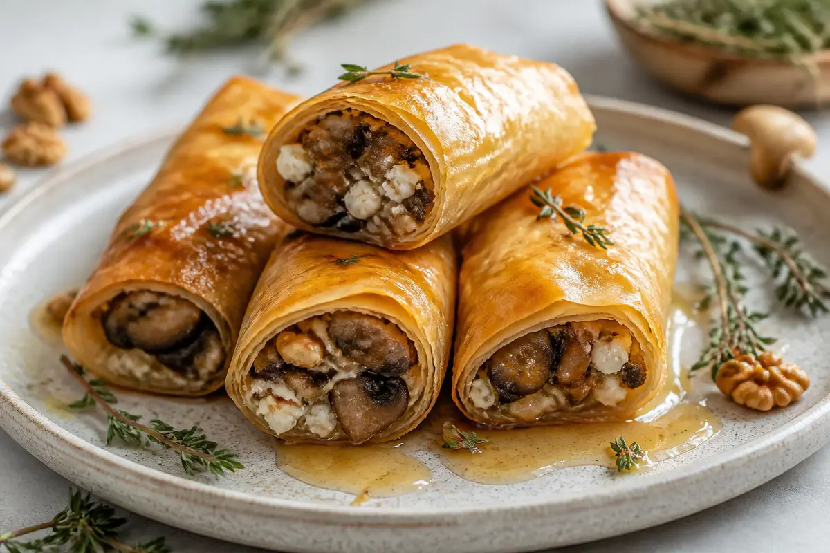Crispy Mushroom and Goat Cheese Rolls with Thyme Honey