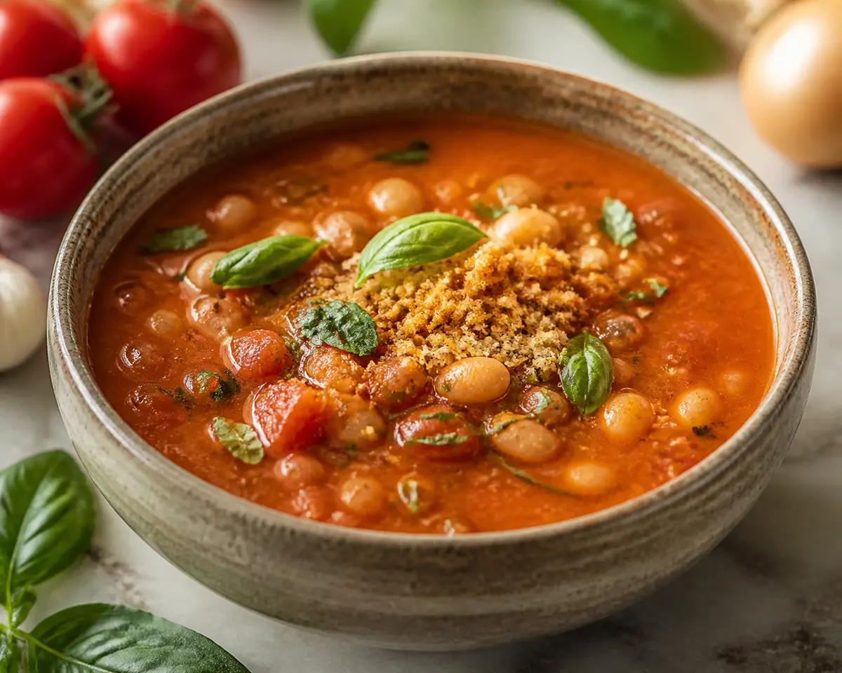 Roasted Tomato, White Bean and Basil Soup with Parmesan Crumbs