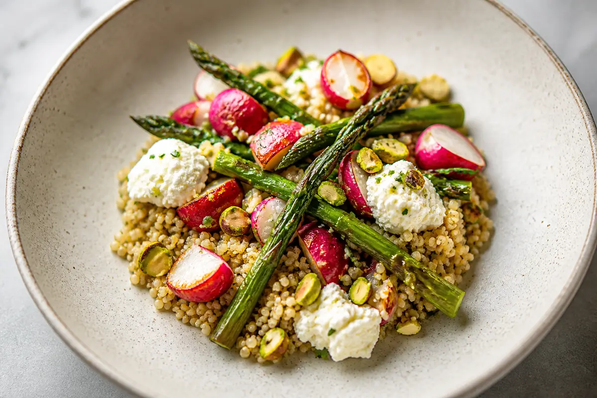 Warm Crispy Millet Salad with Roasted Asparagus, Radishes, and Lemon Ricotta with Pistachios