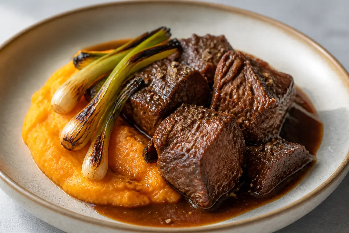 Res Braseada al Chile Ancho con Puré de Camote y Cebollitas a la Sartén