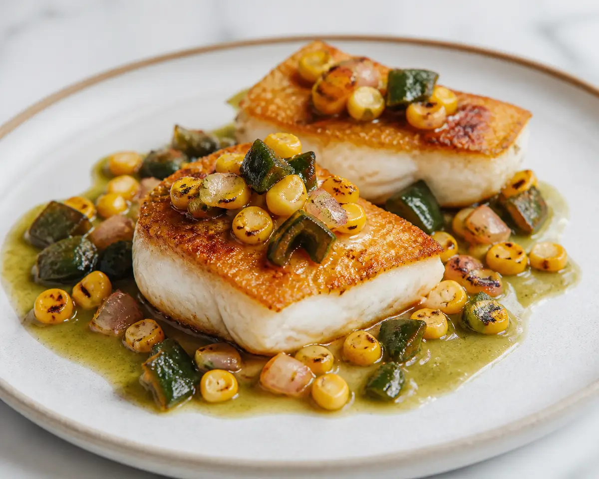 Golden Cod with Toasted Corn, Poblano and Lime Sauce