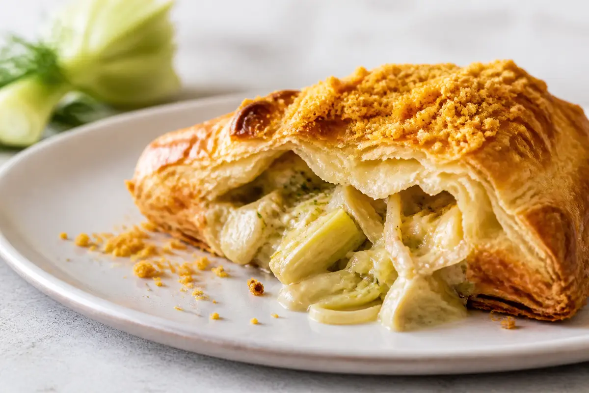 Pastelillo Crujiente de Alcachofa, Hinojo y Provolone con Miga de Limón