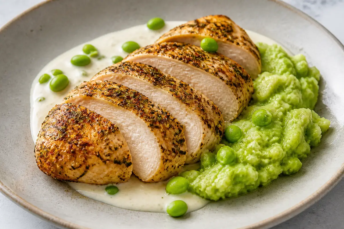 Herb-Crusted Turkey Fillets with Rustic Edamame Mash and Creamy Lemon Sauce