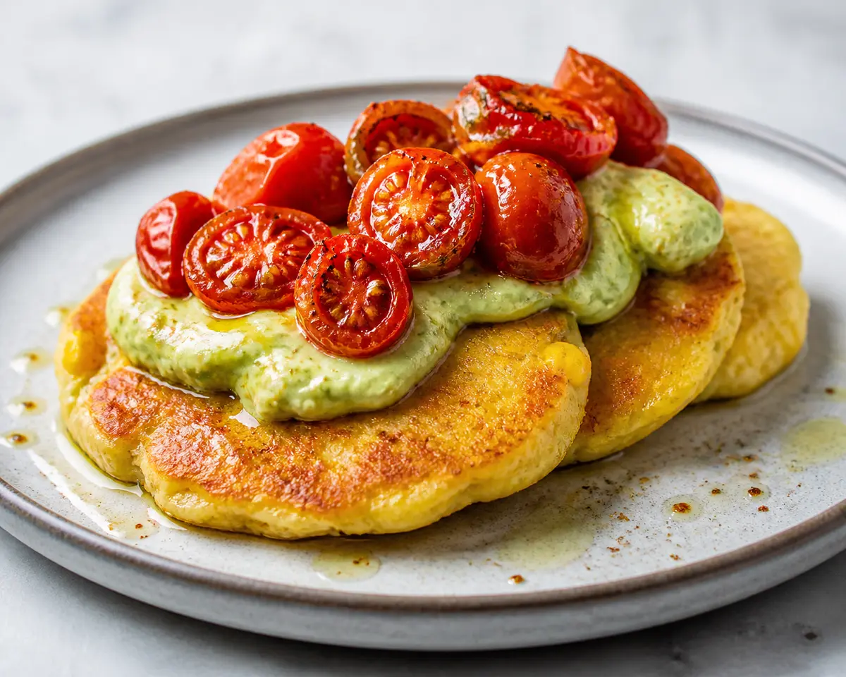Panquecas de Maíz y Ricotta con Tomates Asados al Comino y Crema de Aguacate