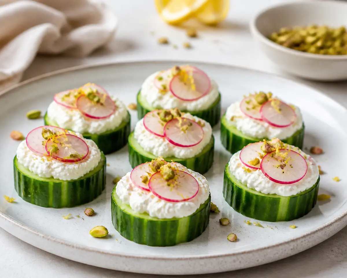 Bocados de pepino con crema de requesón, rábano y pistacho al limón