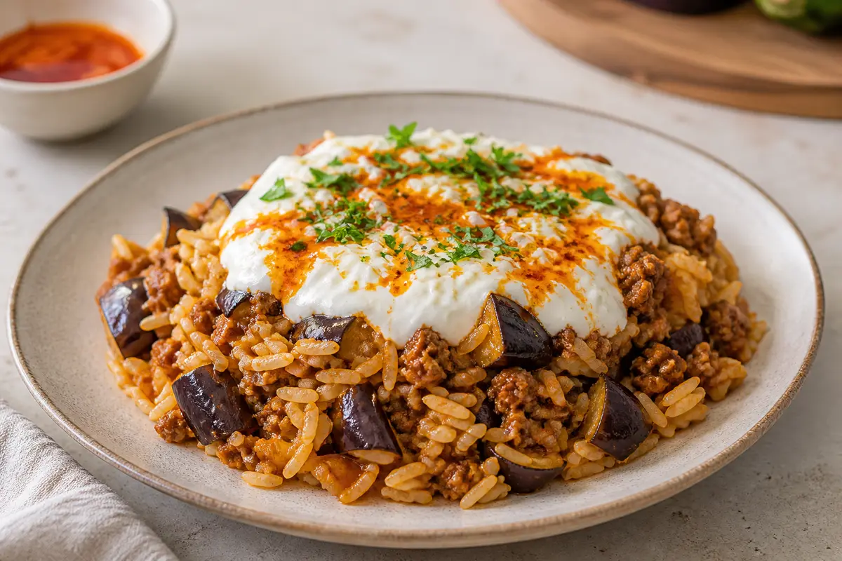 Pastel Familiar de Arroz con Carne, Berenjena y Costra de Yogur al Pimentón