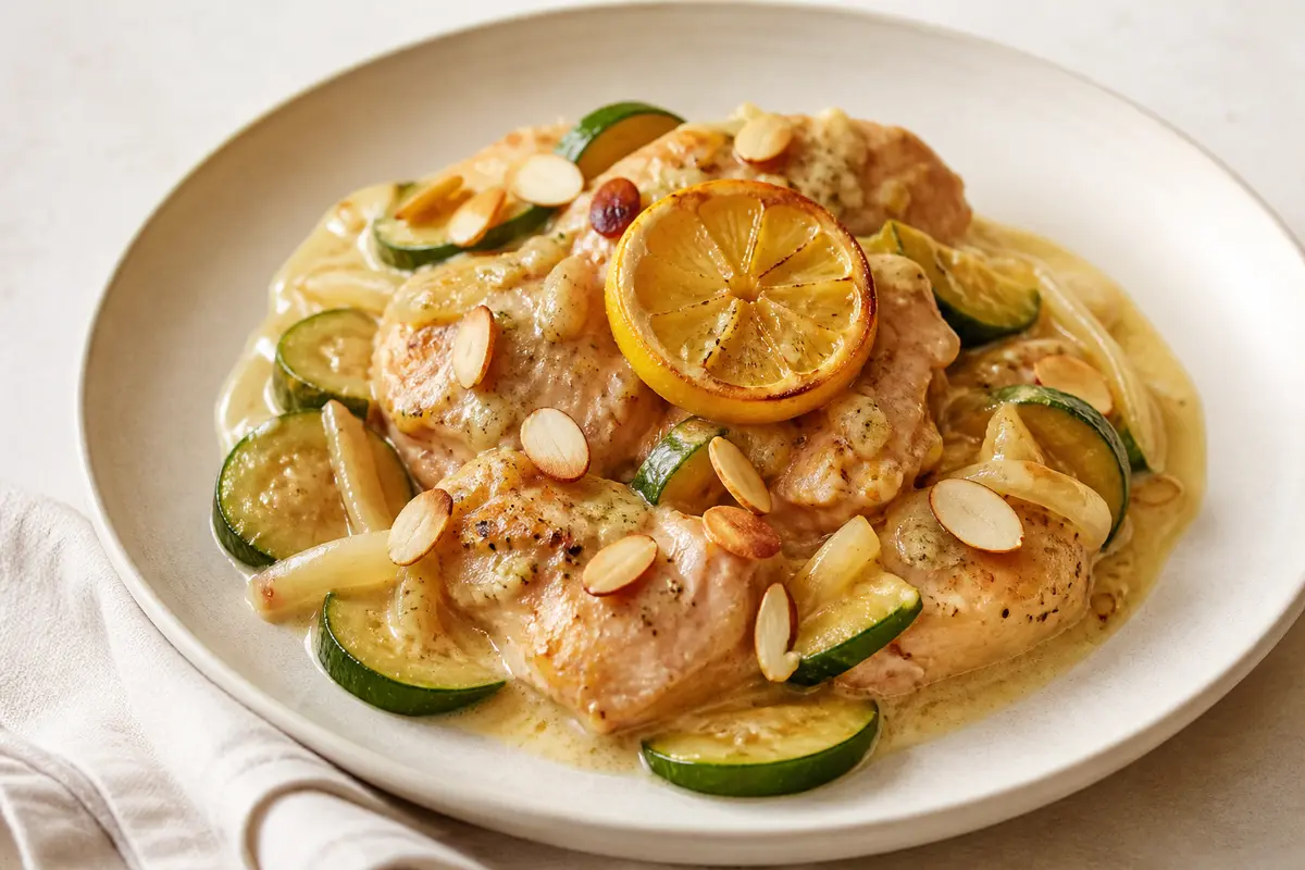 Pollo cremoso en slow cooker con calabacín, limón asado y almendras