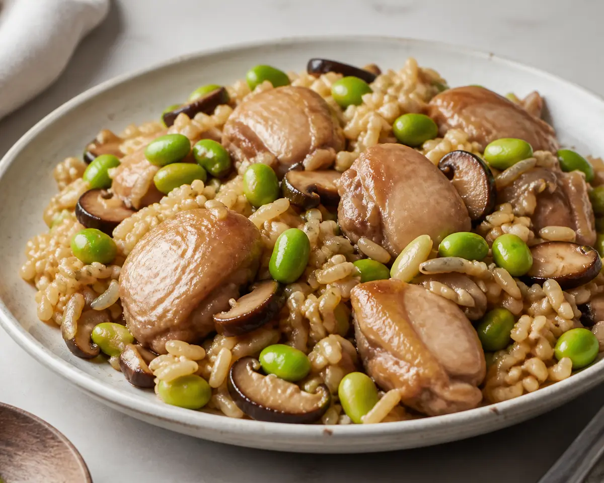 Instant Pot Mild Miso Chicken with Edamame, Mushrooms, and Brown Rice