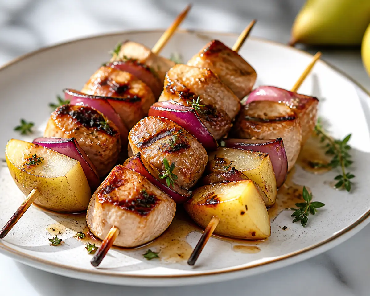 Brochetas de cerdo a la parrilla con peras ahumadas y adobo de tomillo, miel y sidra