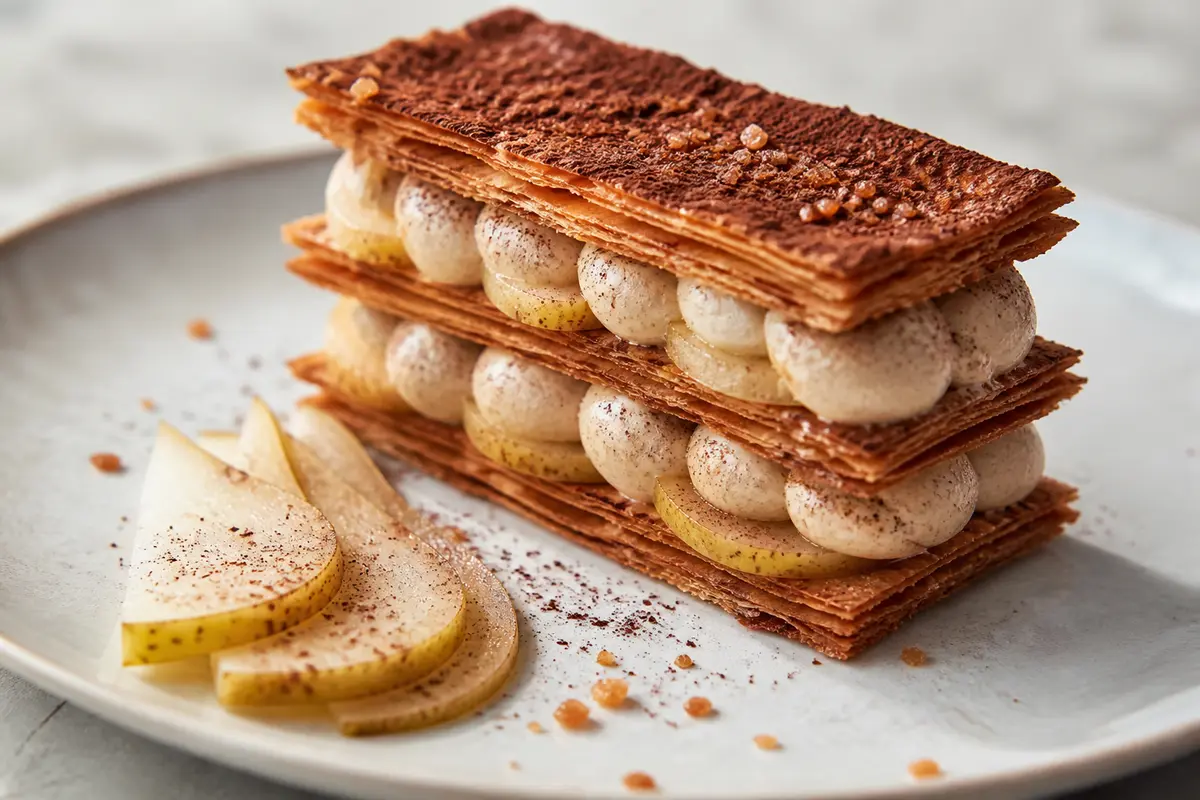 Milhojas Rústicas de Cacao, Pera Especiada y Crema de Ricotta al Café