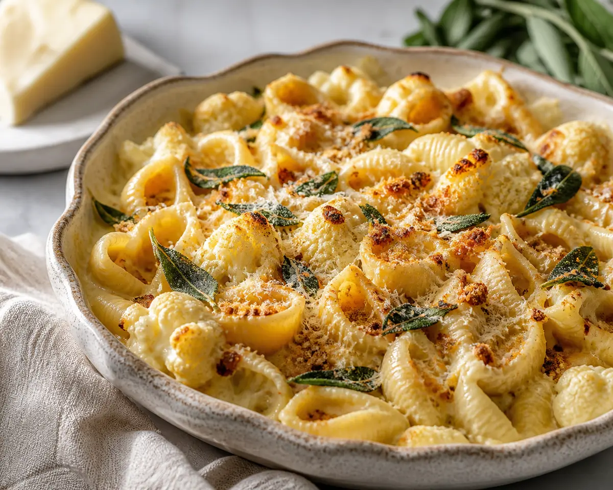 Conchiglie Gratinadas con Crema de Coliflor, Taleggio y Miga Crujiente de Salvia