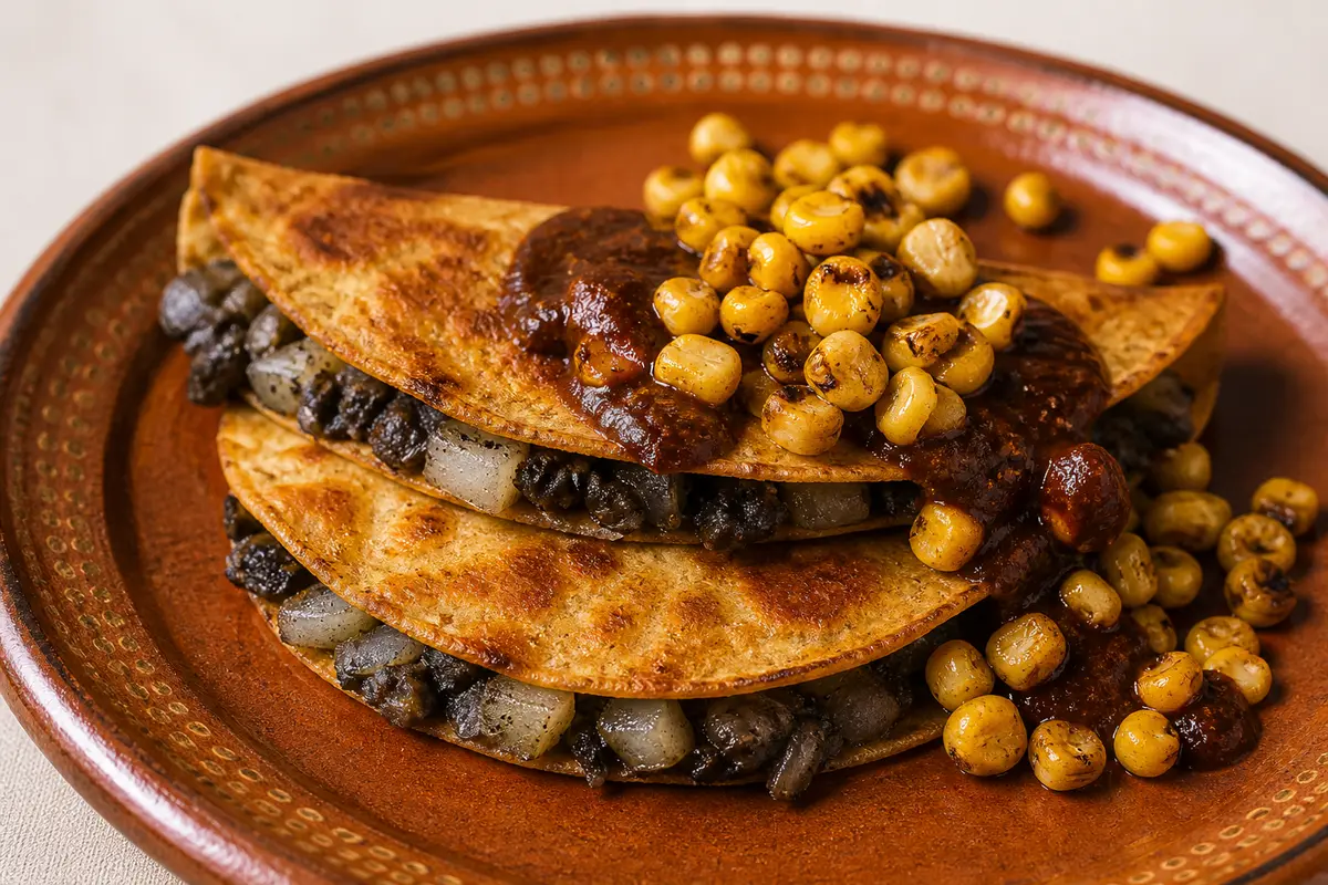 Crispy Huitlacoche and Potato Quesadillas with Pasilla Chile Sauce and Roasted Corn