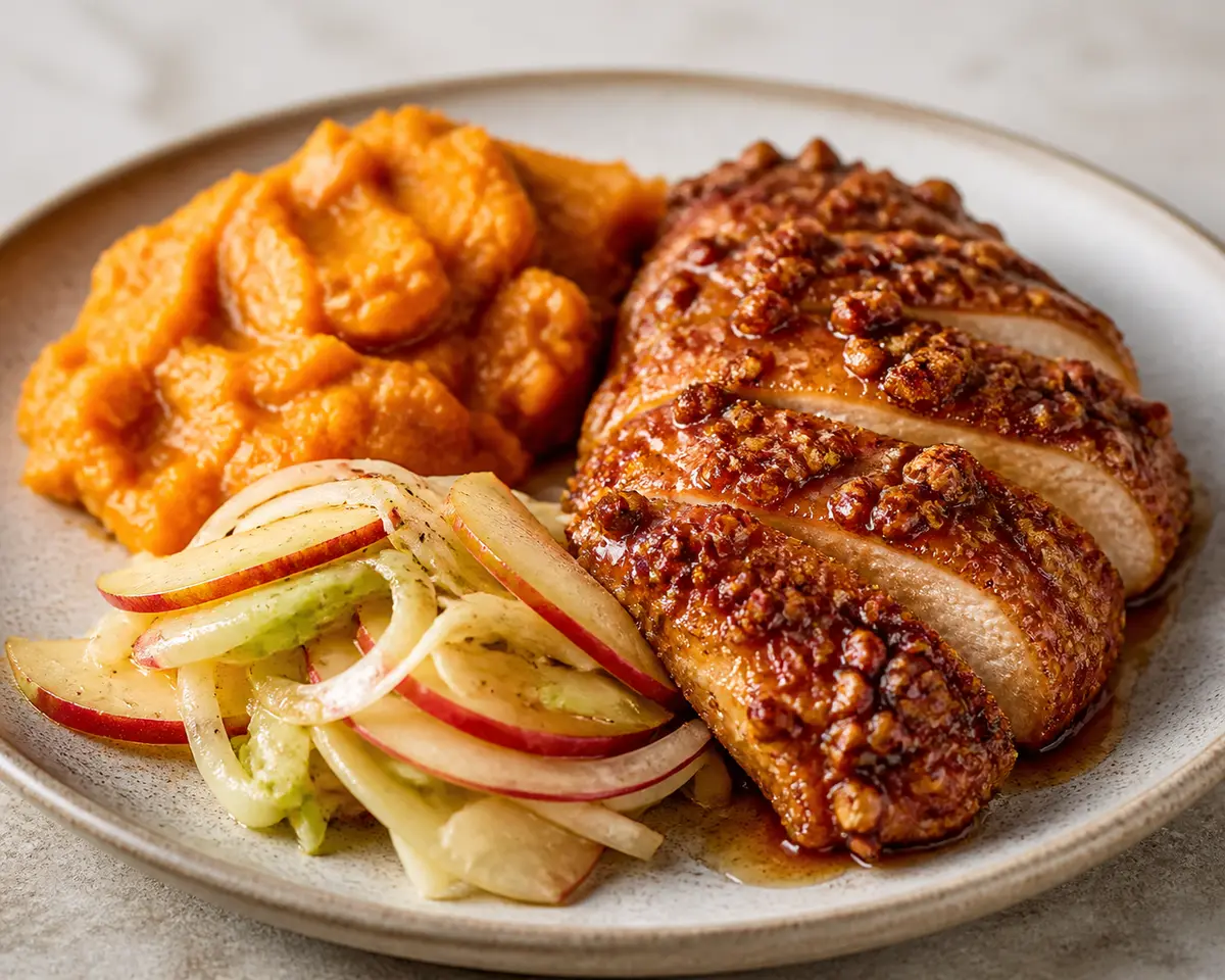 Crispy Pecan-Crusted Hot Honey Chicken with Rustic Sweet Potato Mash and Warm Apple Slaw