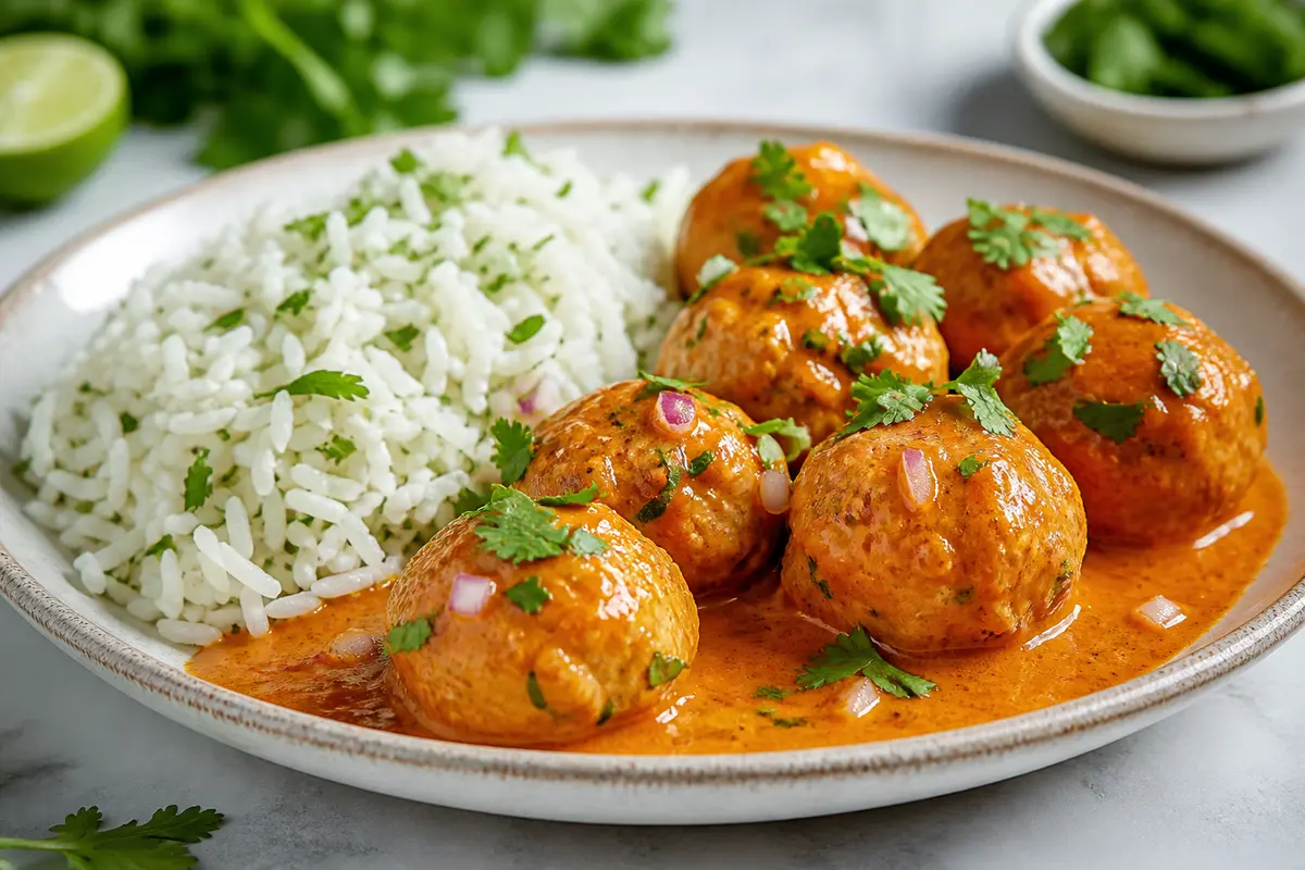 Albóndigas de Pescado Caribeñas en Salsa de Coco, Achiote y Lima con Arroz de Cilantro