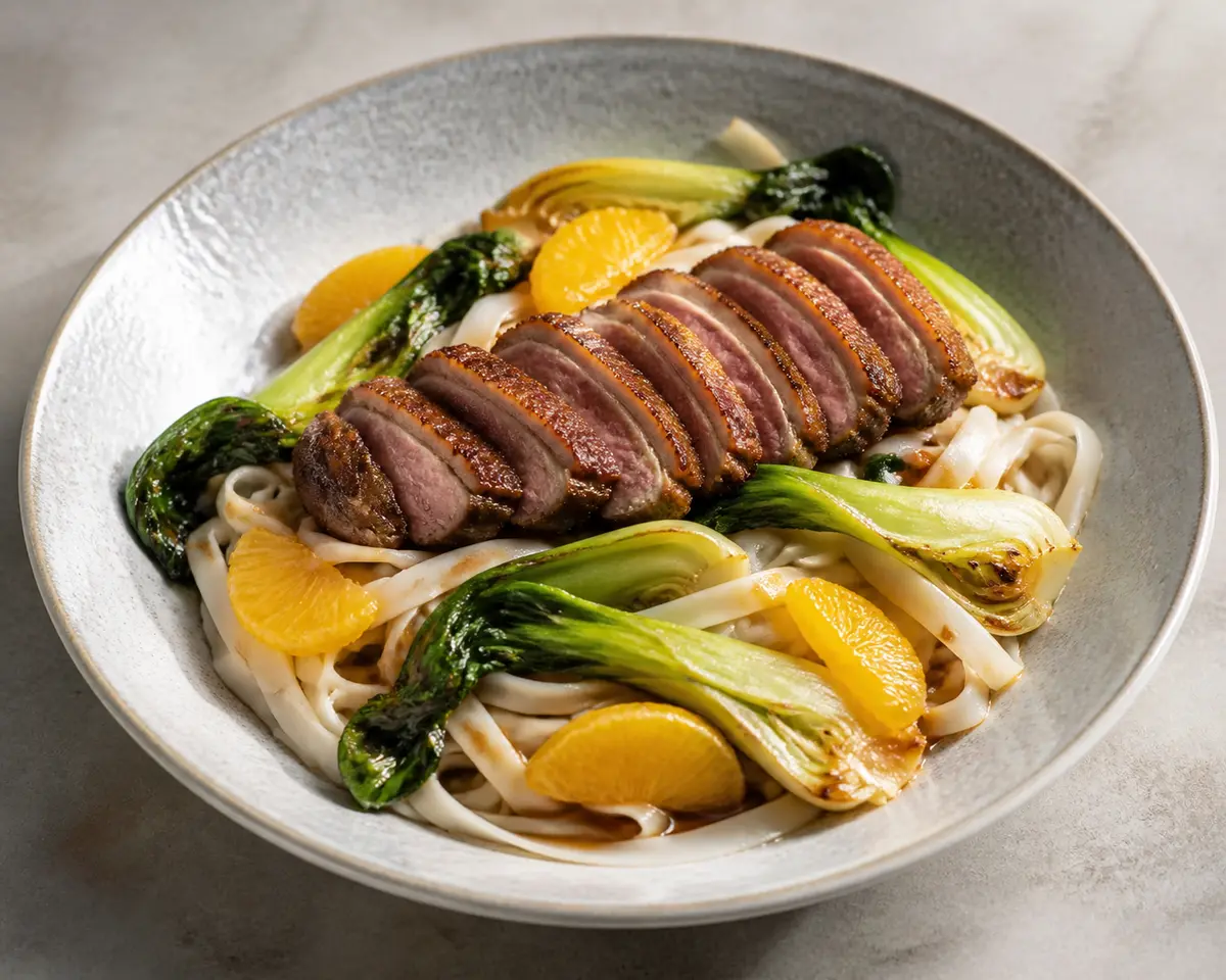 Fideos de Arroz con Pato Cinco Aromas, Naranja y Pak Choi Braseado