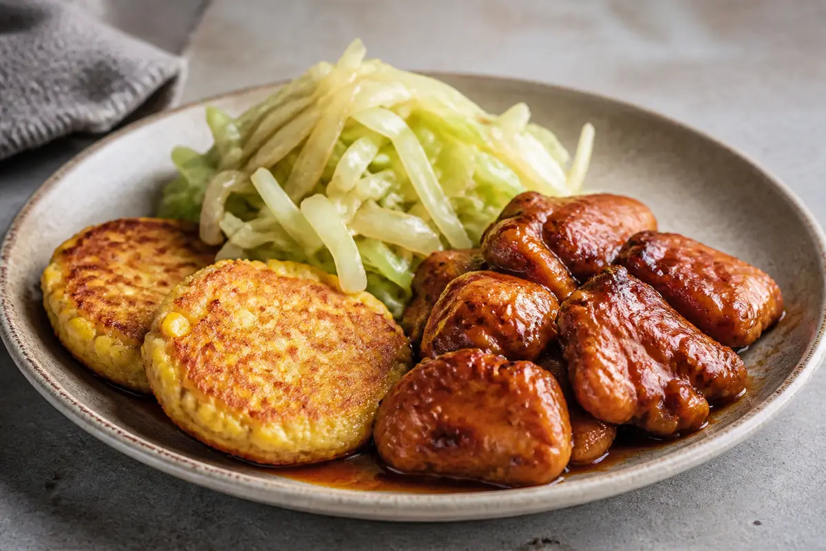 Yuca and Corn Cakes with Guava Adobo Chicken and Warm Cabbage Salad
