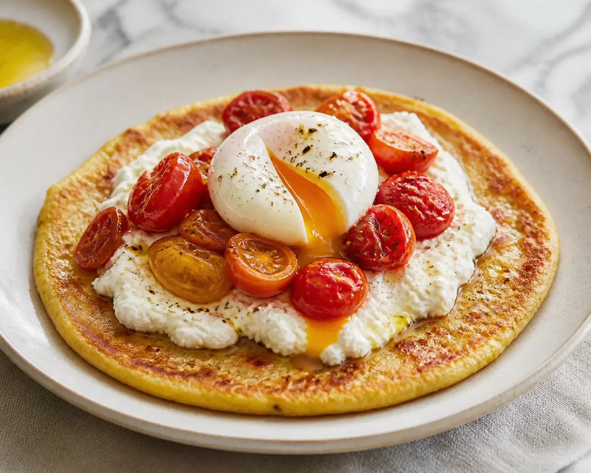 Socca de Desayuno con Ricotta de Limón, Tomates Salteados y Huevo Jammy