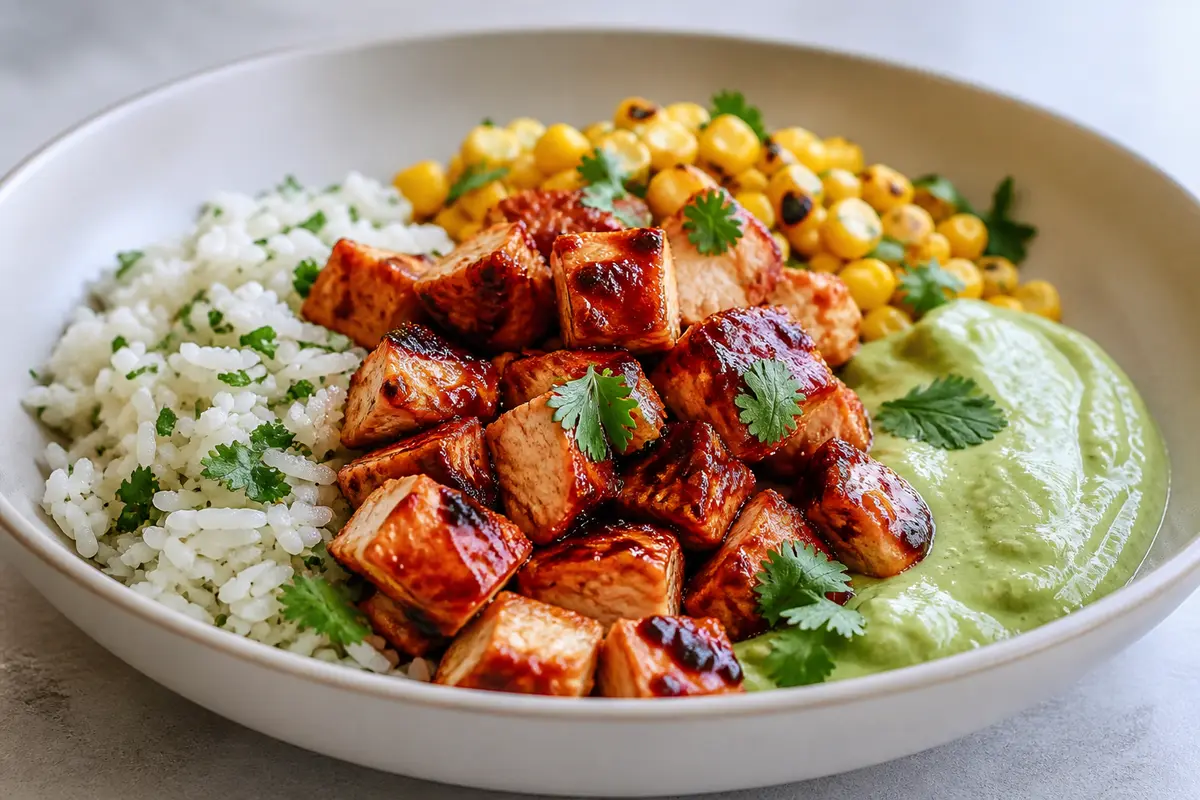 Bowl de pollo a la miel picante con arroz de cilantro, maíz tostado y crema de aguacate