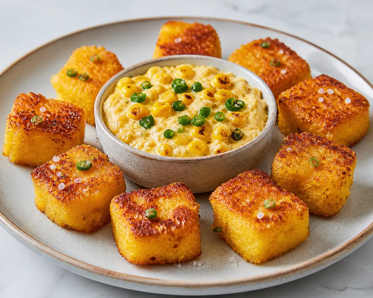 Bocaditos Dorados de Polenta con Cheddar, Jalapeño y Dip de Maíz Tostado
