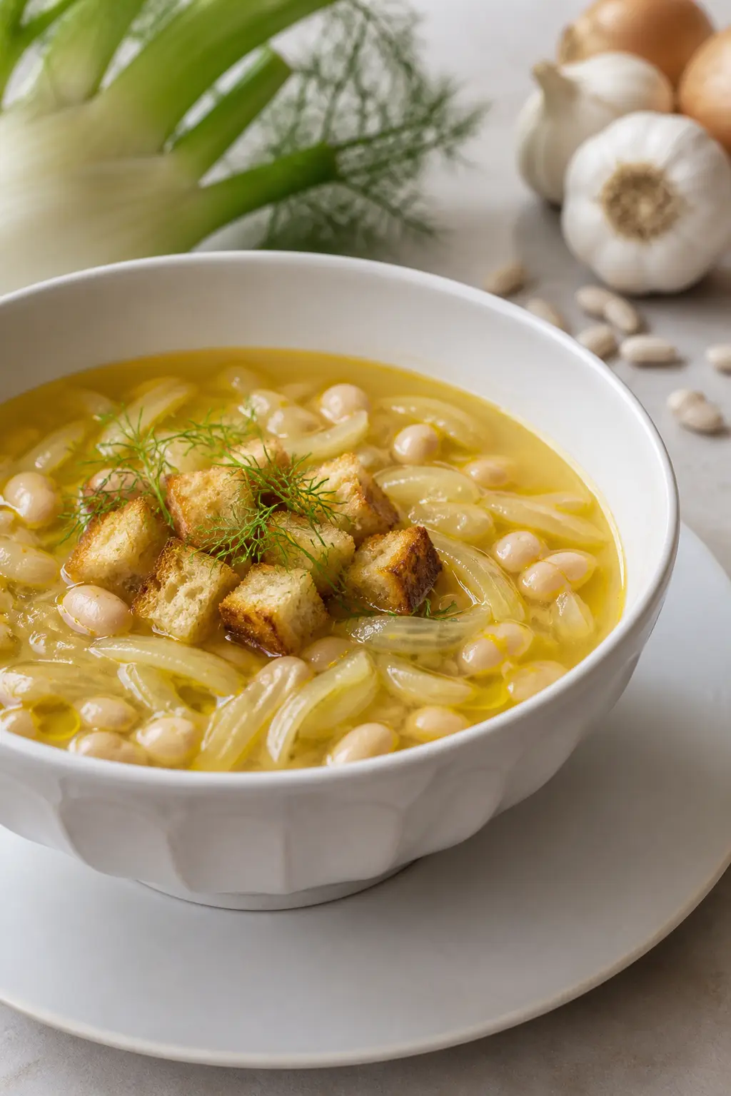 Sopa de Hinojo Dorado, Judías Cannellini y Azafrán con Picatostes de Limón