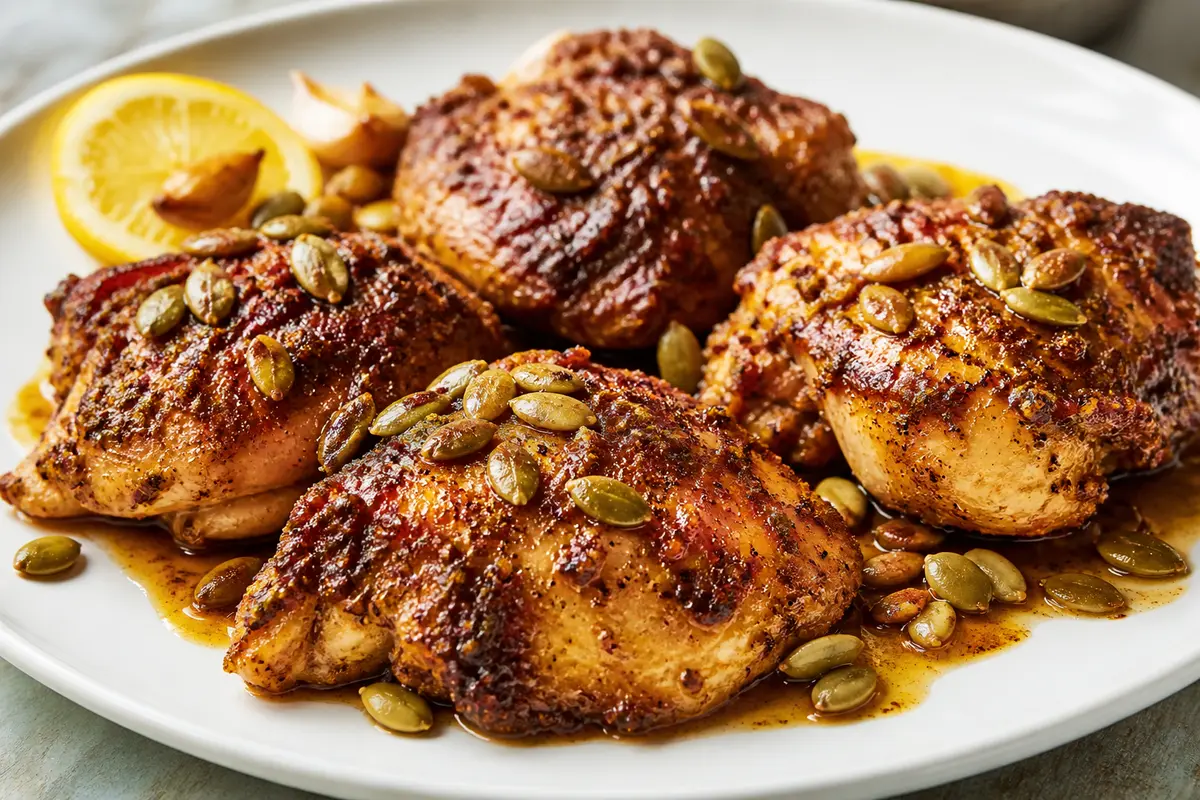 Pollo al horno con costra de pepitas, chile ancho y miel de limón