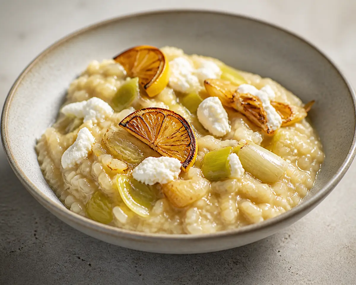 Arroz meloso de puerro braseado, limón quemado y ricotta salada