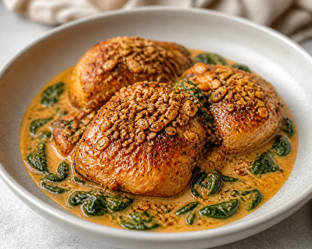 Keto Chicken in Coconut Spinach Chile Sauce with Sesame Crunch