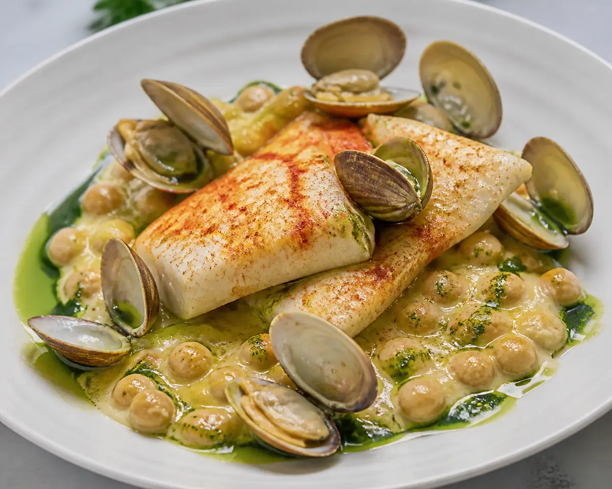 Smoked Paprika Hake with Clams, Creamy Chickpeas, and Parsley Green Oil