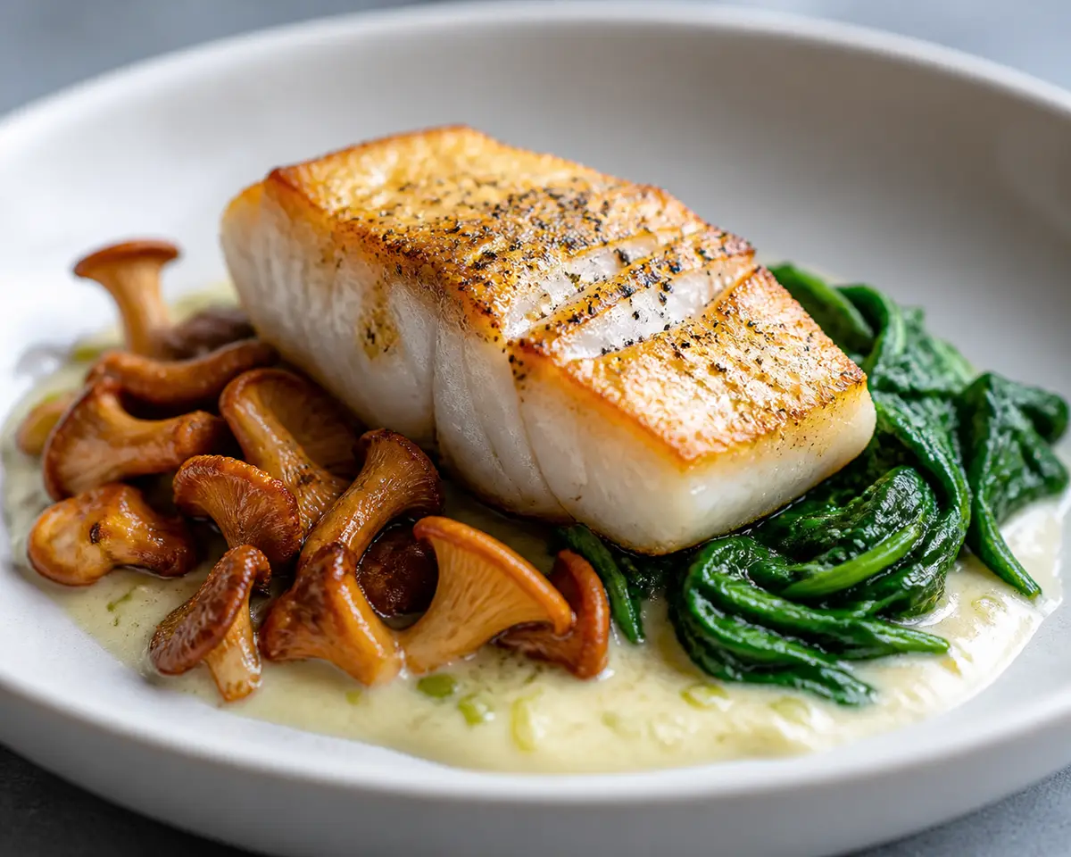Seared Cod with Leek Mustard Cream, Golden Mushrooms, and Lemon Spinach