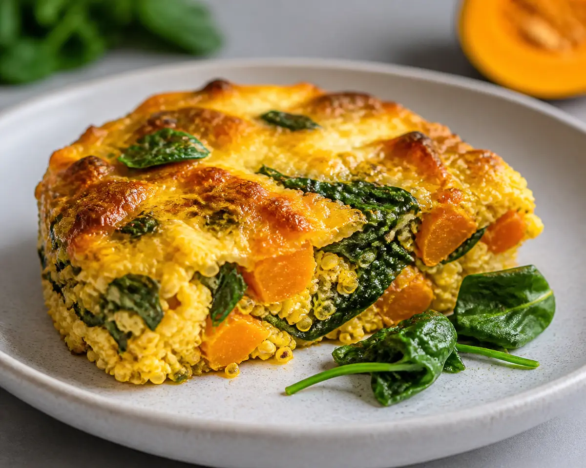Pastel de Mijo Dorado con Calabaza Asada, Espinaca y Costra de Queso