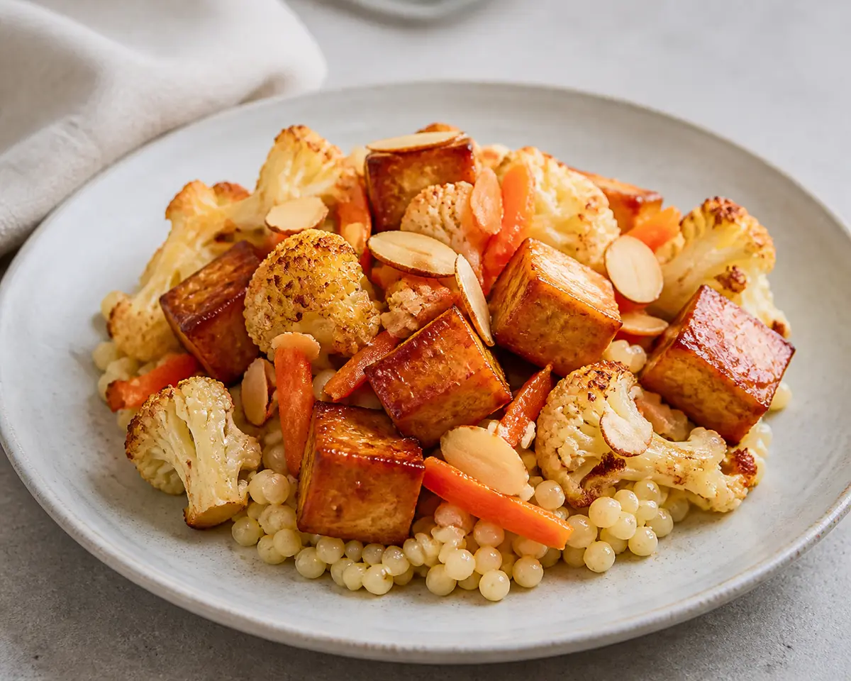 Cuscús de Coliflor al Horno con Tofu Glaseado de Naranja y Almendra Crujiente